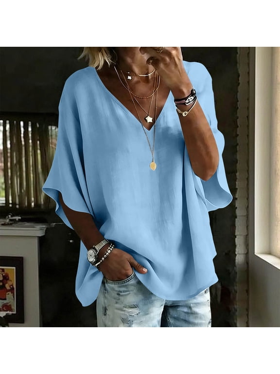 Women Summer V Neck Short Sleeve Flowy Casual Pullover Tops Solid Loose Tshirt for Vacation Beach Daily Wear, Sky Blue 2XL