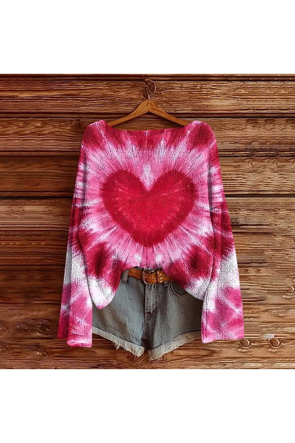 Women Tie Dye Hearts Long Sleeve Pullover Tops Boho Casual Winter Sweatshirts Cute Trendy Crew Neck Loose Fit Blouses for Women Fall Fashion Clothes, Pink S