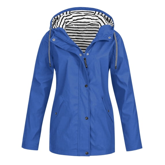 thefmos Women Winter Hooded Raincoat Solid Casual Outdoor Jacket Fall Travel Rain Jacket with Pockets Lightweight Waterproof Coat, Blue 2XL