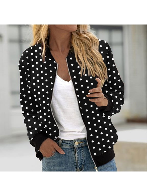 Women Winter Long Sleeve Zip Front Polka Dot Jackets Casual Blazer Tops Dressy Work Outerwear Trendy Fall Fashion Clothes, Black 2XL