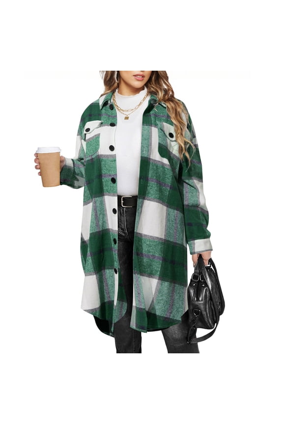 Women Winter Plaid Collared Long Sleeve Button Down Open Front Blazer Coat Loose Casual Outwear Fall Fashion Tops Trendy Work Office Jacket, Green XL