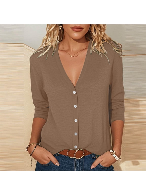 Women's Fall 3/4 Sleeve Button Down Cardigan Casual Solid Basic Tops Pullover Blouses Dressy Winter Vacation Fashion Clothes, Brown 2XL