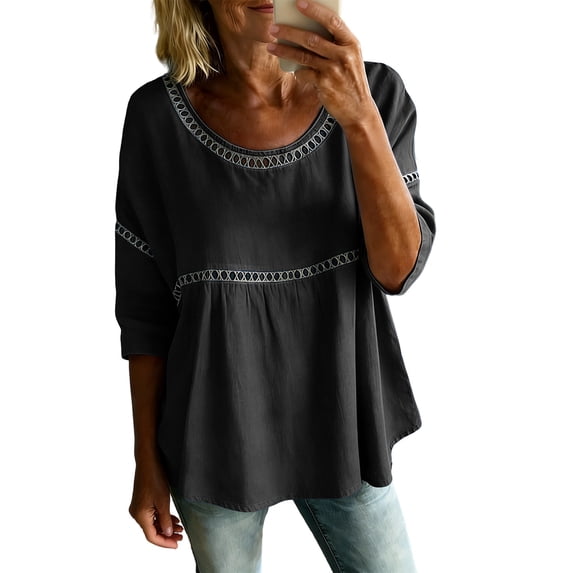 thefmos Women's Fall 3/4 Sleeve Round Neck Embroidery Boho Tops Solid Casual Basic Pullover Tshirt Loose Blouses Trendy Winter Vacation Fashion Clothes, Black M