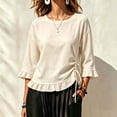 thumbnail image 1 of thefmos Women's Fall 3/4 Sleeve Ruffle Blouses Round Neck Drawstring Ruched Tops Casual Boho Pullover Shirts Solid Fashion Clothes for Vacation, Beige L, 1 of 6