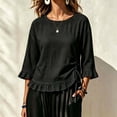thumbnail image 1 of thefmos Women's Fall 3/4 Sleeve Ruffle Blouses Round Neck Drawstring Ruched Tops Casual Boho Pullover Shirts Solid Fashion Clothes for Vacation, Black L, 1 of 6