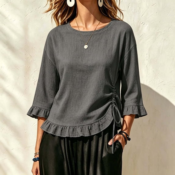 thefmos Women's Fall 3/4 Sleeve Ruffle Blouses Round Neck Drawstring Ruched Tops Casual Boho Pullover Shirts Solid Fashion Clothes for Vacation, Gray 2XL
