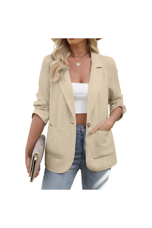 Women's Fall Linen Blazer Casual Open Front Button Down Solid Basic Jacket For Office Work Daily Wear Lightweight Tops, Khaki S