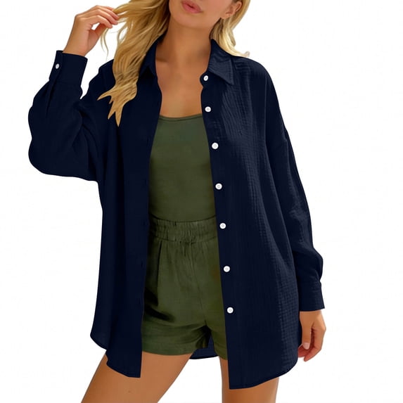 thefmos Women's Fall Long Sleeve Button Down Blouses Casual Collared Top Open Front Loose Shirt Winter Basic Dressy Tunic Tops Trendy Spring Vacation Fashion Clothes, Navy L