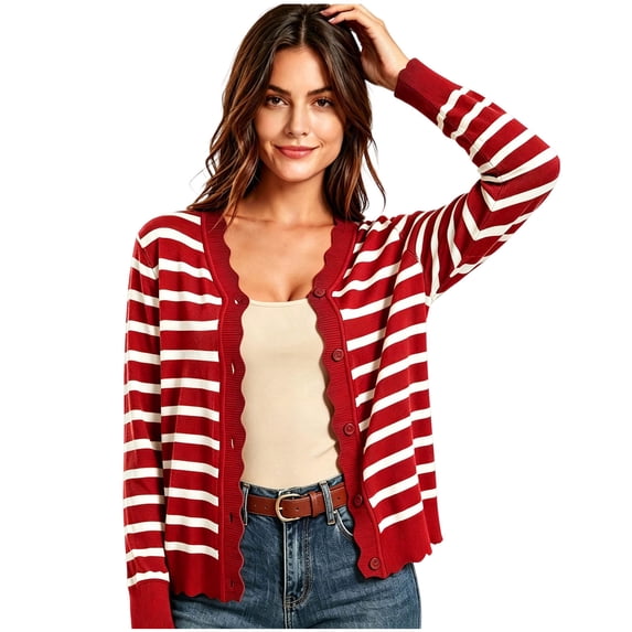 thefmos Women's Fall Long Sleeve Button Down Open Front Cardigan Striped Casual Knit Tops Dressy Basic Coats for Winter Vacation Outfits, Red L