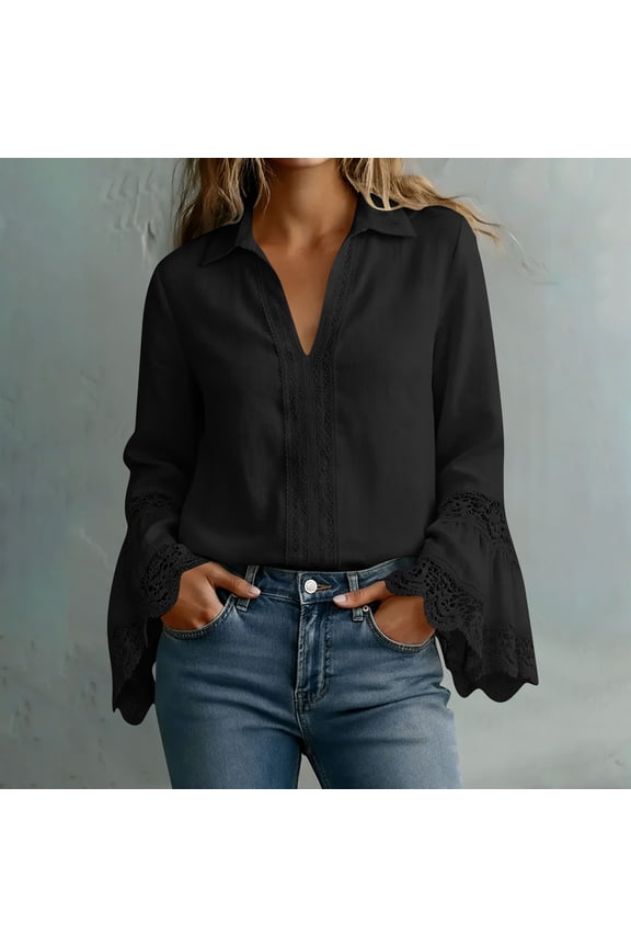 Women's Fall Long Sleeve Lace Trim Button Down Blouse Casual Boho Ruffle Tunic Tops Cute Trendy Collared Shirt for Women Spring Winter Fashion Clothes, Black XL