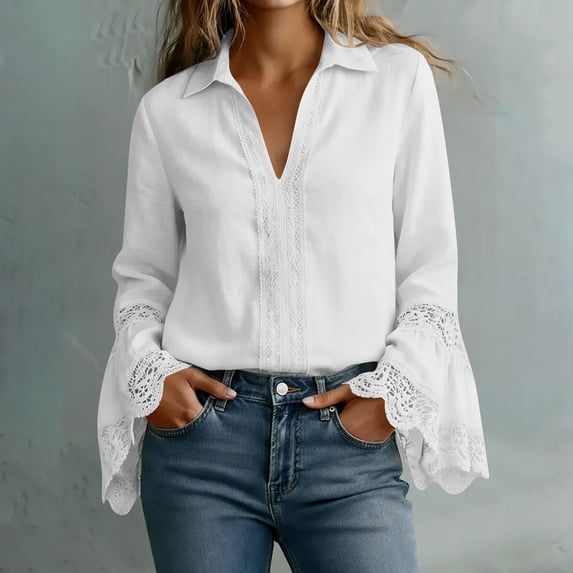 thefmos Women's Fall Long Sleeve Lace Trim Button Down Blouse Casual Boho Ruffle Tunic Tops Cute Trendy Collared Shirt for Women Spring Winter Fashion Clothes, White L