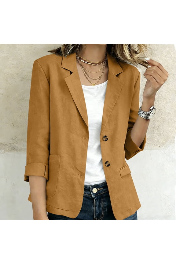 Women's Fall Spring Collared 3/4 Sleeve Button Down Open Front Casual Blazer Jacket Blouses Tops Work Office Fashion Outerwear, Gold S