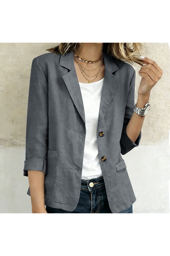 Women's Fall Spring Collared 3/4 Sleeve Button Down Open Front Casual Blazer Jacket Blouses Tops Work Office Fashion Outerwear, Gray M