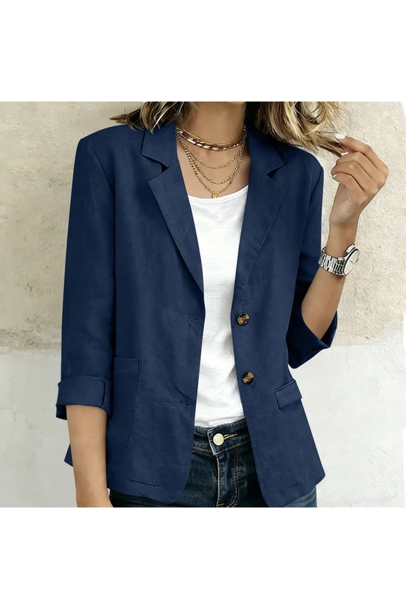 Women's Fall Spring Collared 3/4 Sleeve Button Down Open Front Casual Blazer Jacket Blouses Tops Work Office Fashion Outerwear, Navy 2XL