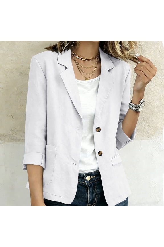Women's Fall Spring Collared 3/4 Sleeve Button Down Open Front Casual Blazer Jacket Blouses Tops Work Office Fashion Outerwear, White M