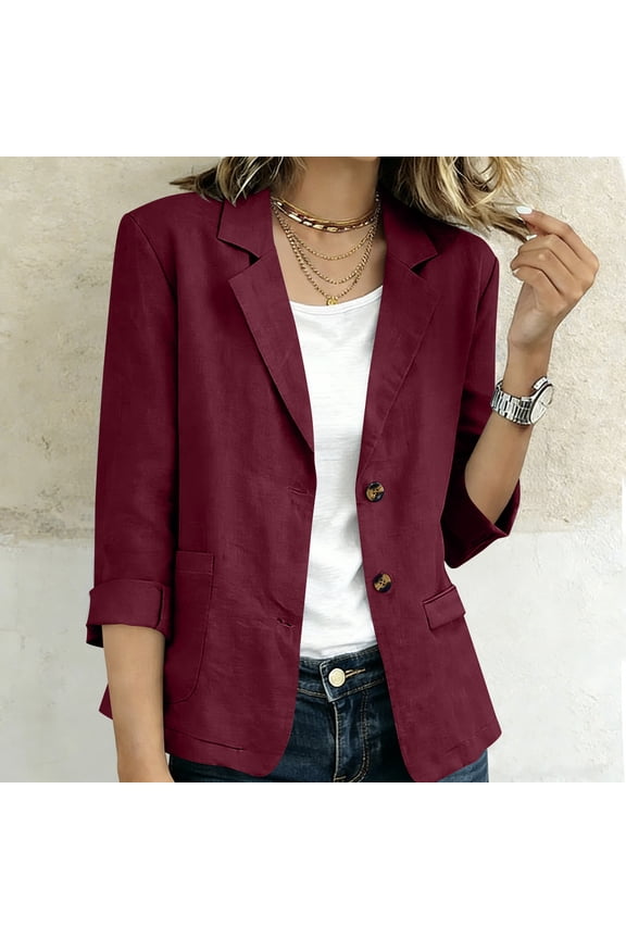 Women's Fall Spring Collared 3/4 Sleeve Button Down Open Front Casual Blazer Jacket Blouses Tops Work Office Fashion Outerwear, Wine M