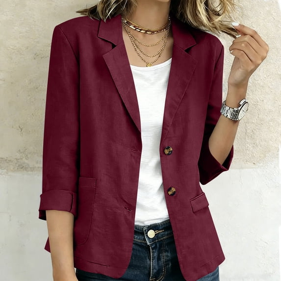 thefmos Women's Fall Spring Collared 3/4 Sleeve Button Down Open Front Casual Blazer Jacket Blouses Tops Work Office Fashion Outerwear, Wine S