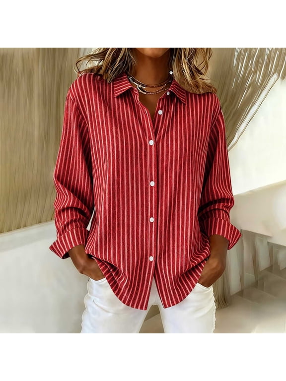 Women's Fall Striped Long Sleeve Button Down Blouse Collared Casual Loose Fit Tunic Tops Cute Trendy Work Shirts Blouses Winter Spring Fashion Clothes, Wine XL