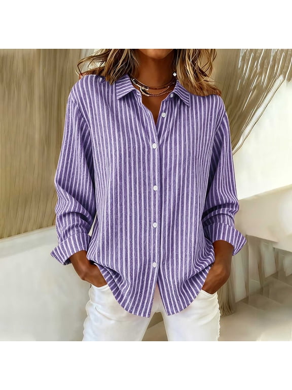 Women's Fall Striped Long Sleeve Button Down Blouse Collared Casual Loose Fit Tunic Tops Cute Trendy Work Shirts Blouses Winter Spring Fashion Clothes, Light Blue 2XL