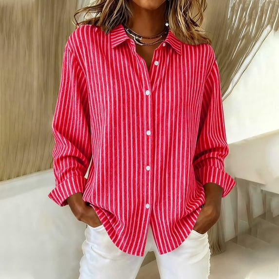 thefmos Women's Fall Striped Long Sleeve Button Down Blouse Collared Casual Loose Fit Tunic Tops Cute Trendy Work Shirts Blouses Winter Spring Fashion Clothes, Watermelon Red L