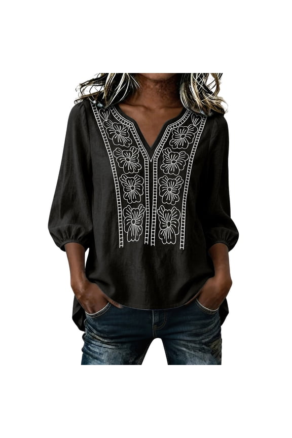 Women's Fall V Neck 3/4 Sleeve Embroidery Boho Casual Blouse for Women Cute Trendy Loose Fit Pullover Tops Solid Comfy Graphic Tunic Tops Winter Fashion Business Work Clothes, Black S