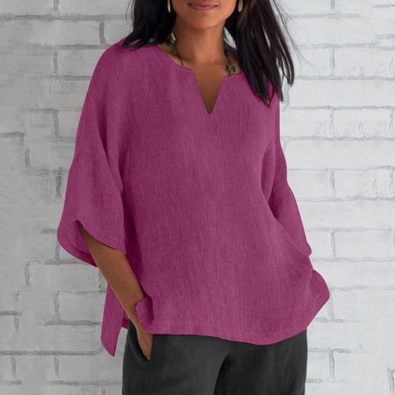 thefmos Women's Fall V Neck 3/4 Sleeve Flowy Pullover Tops Casual Boho Loose Tshirt Solid Dressy Basic Blouse for Vacation Fashion, Hot Pink 2XL