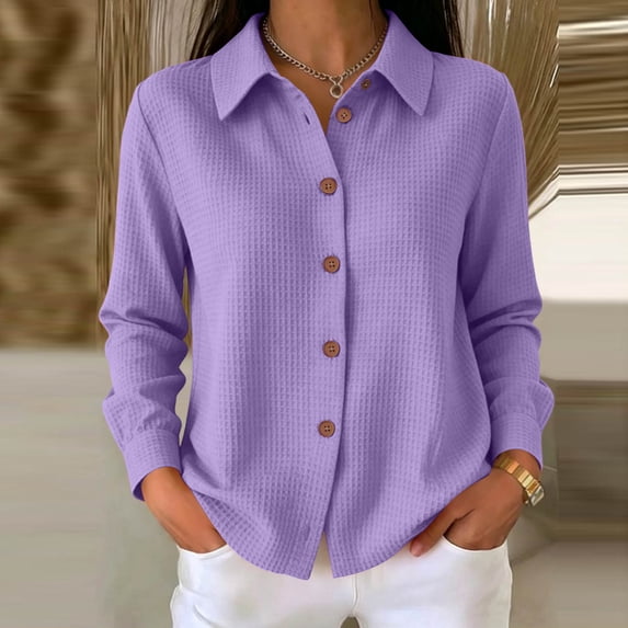 thefmos Women's Fall Winter Collared Long Sleeve Button Down Blouses Solid Casual Shirts Basic Dressy Tops for Office Work Daily Wear Fashion Clothes, Purple XL