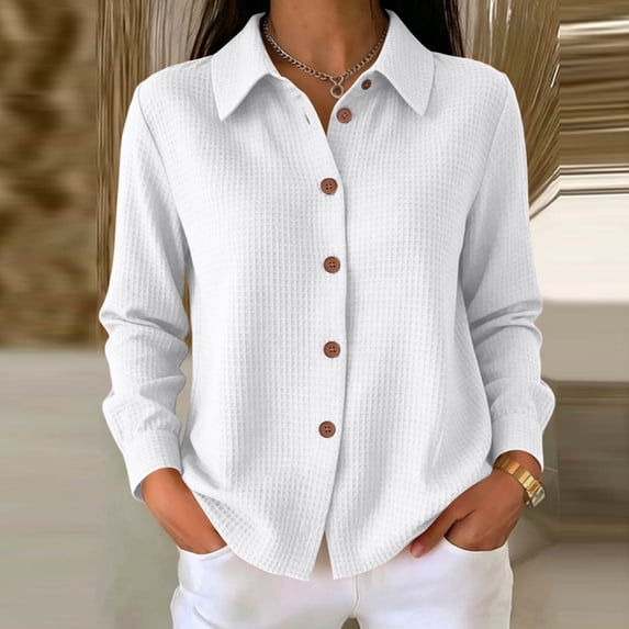 thefmos Women's Fall Winter Collared Long Sleeve Button Down Blouses Solid Casual Shirts Basic Dressy Tops for Office Work Daily Wear Fashion Clothes, White L
