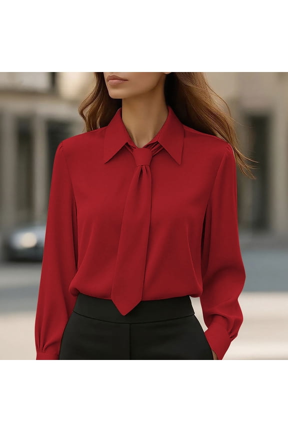 Women's Fall Winter Collared Long Sleeve Tie Front Satin Blouse Elegant Dressy Casual Business Work Tops Solid Comfy Office Shirt, Red XL