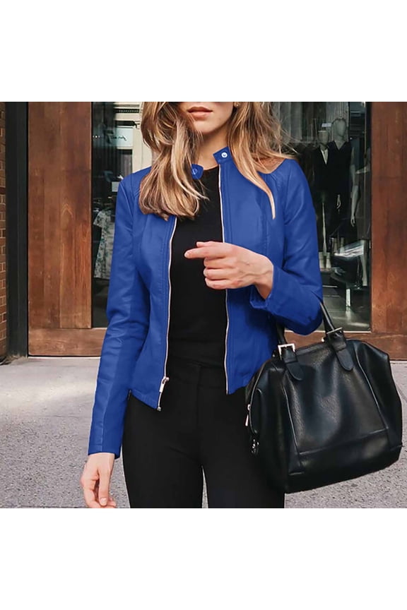 Women's Fall Winter Collared Long Sleeve Zip Up Jackets Slim Casual Blazer Coats Solid Basic Tops Work Office Fashion Outerwear, Blue S
