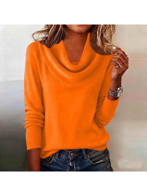 Women's Fall Winter Cowl Neck Long Sleeve Knitted Pullover Tops Casual Solid Warm Sweater Blouses Dressy Trendy Fashion, Orange XL