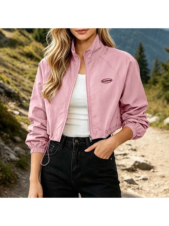 Women's Fall Winter Crop Zip Up Jacket High Neck Long Sleeve Solid Casual Basic Tops Windbreaker Lightweight Outerwear for Vacation Travel Fashion Clothes, Pink S