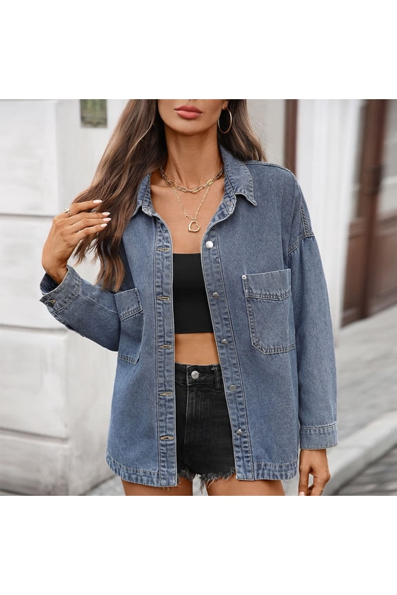 Women's Fall Winter Denim Button Down Shirts Long Sleeve Collared Blouses Loose Casual Jackets Open Front Tops Vacation Fashion Clothes, Blue M