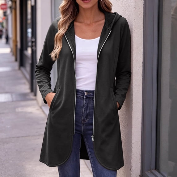 thefmos Women's Fall Winter Hooded Zip Up Front Cardigan Sweaters Casual Open Long Sleeve Loose Coats Solid Pullover Tops for Daily Wear Outerwear, Black XL