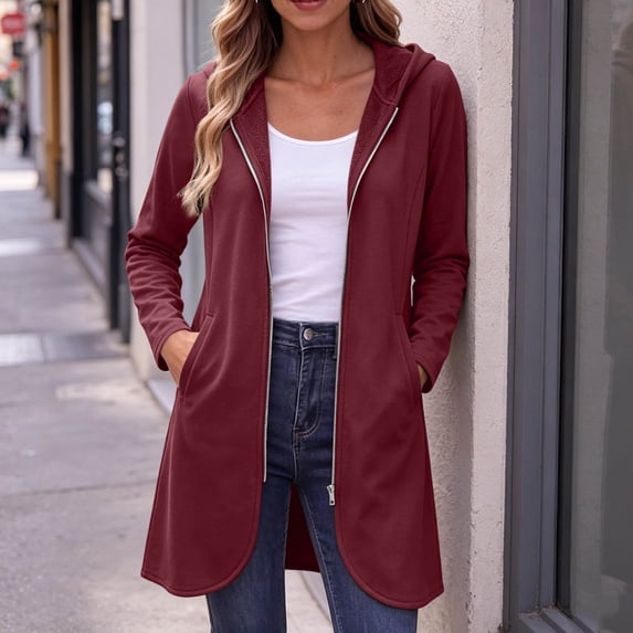 thefmos Women's Fall Winter Hooded Zip Up Front Cardigan Sweaters Casual Open Long Sleeve Loose Coats Solid Pullover Tops for Daily Wear Outerwear, Wine M