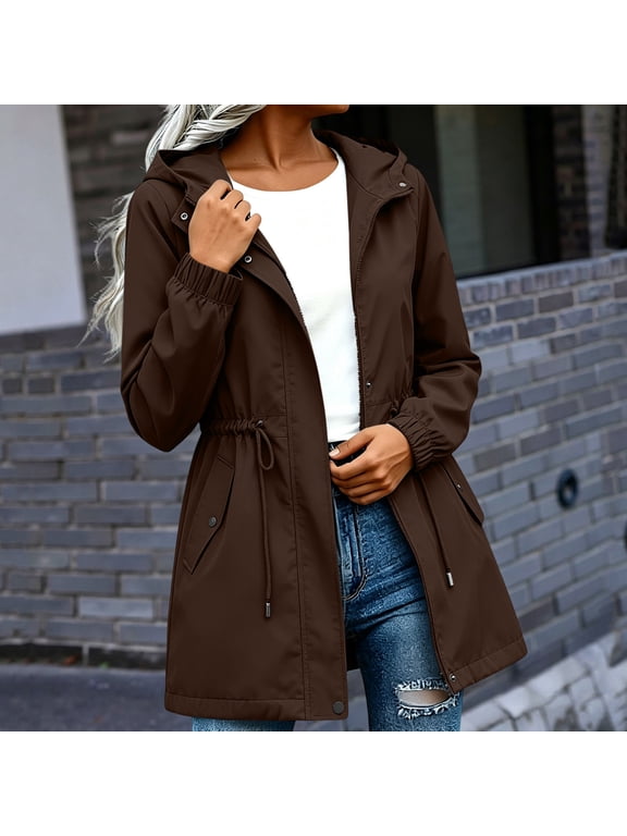 Women's Fall Winter Hooded Zip Up Jacket Casual Drawstring Basic Coat Windbreaker Solid Trendy Pullover Outdoor Work Daily, Brown L