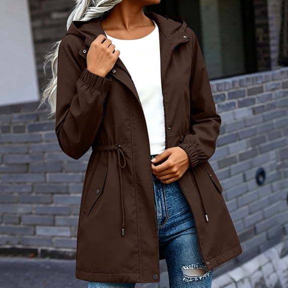 thefmos Women's Fall Winter Hooded Zip Up Jacket Casual Drawstring Basic Coat Windbreaker Solid Trendy Pullover Outdoor Work Daily, Brown M