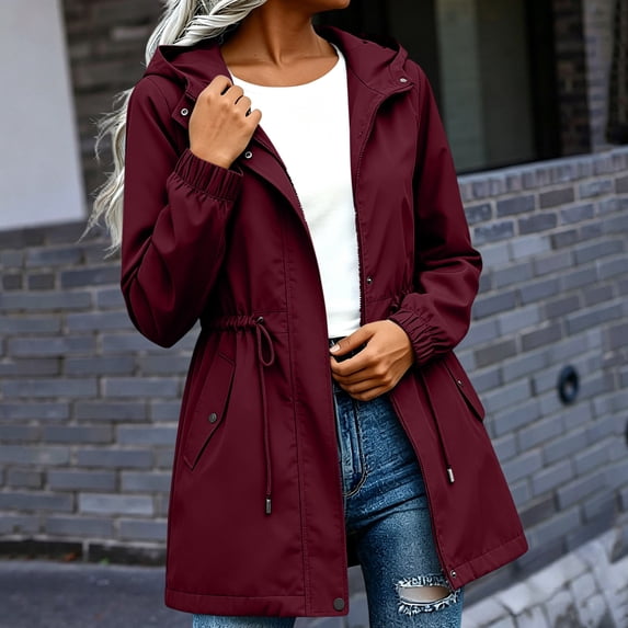 thefmos Women's Fall Winter Hooded Zip Up Jacket Casual Drawstring Basic Coat Windbreaker Solid Trendy Pullover Outdoor Work Daily, Wine L
