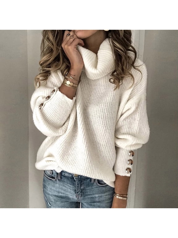 Women's Fall Winter Long Sleeve Knitted Button Down Sweater Casual Pullover Tops Solid V Neck Dressy Trendy Blouses Loose Fit Cozy Fashion Clothes, White XL