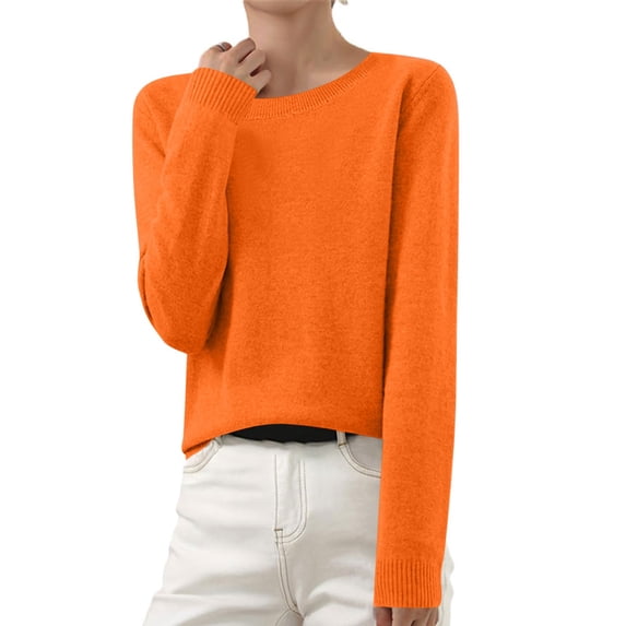 thefmos Women's Fall Winter Long Sleeve Knitted Pullover Tops Round Neck Casual Basic Sweaters Cozy Everyday Layering Blouses for Cold Weather Fashion, Orange M