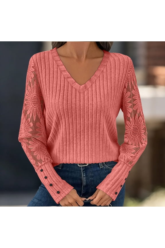 Women's Fall Winter Long Sleeve Lace Ribbed Knitted Pullover Tops Solid Casual Basic Sweater Dressy Trendy Blouses Cozy Winter Outfits, Watermelon Red S