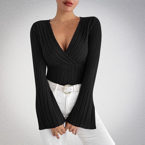 thefmos Women's Fall Winter Long Sleeve Wrap Ribbed Knit Pullover Tops Basic Casual Slim Crop Top Solid Cute Trendy Knitwear Blouses Cozy Fashion Tunic Shirts, Black XL
