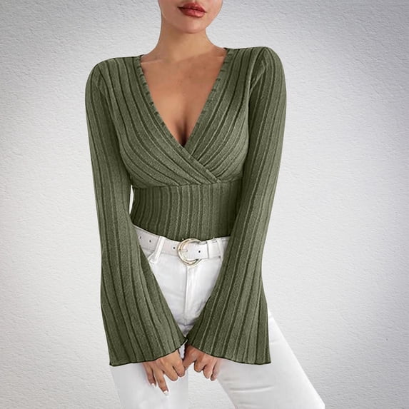 thefmos Women's Fall Winter Long Sleeve Wrap Ribbed Knit Pullover Tops Basic Casual Slim Crop Top Solid Cute Trendy Knitwear Blouses Cozy Fashion Tunic Shirts, Army Green M