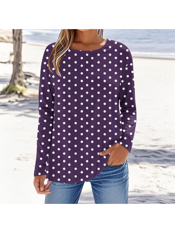 Women's Fall Winter Polka Dot Long Sleeve Round Neck Pullover Tops Casual Loose Blouses Dressy Tunic Tops Trendy Vacation Clothes, Purple 2XL
