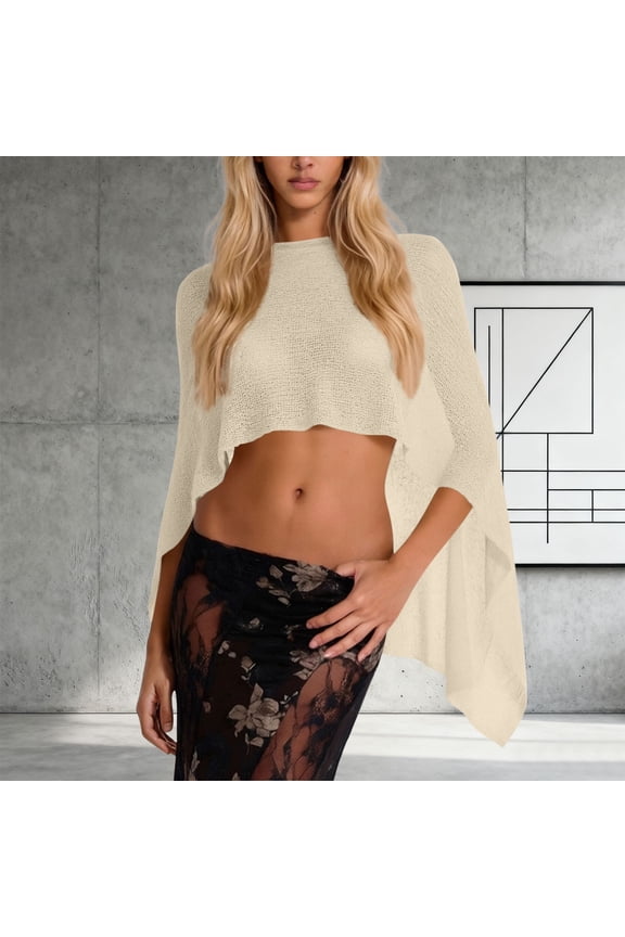 Women's Fall Winter Round Neck 3/4 Sleeve Knitted Crop Top Irregular Hem Boho Casual Blouses Solid Basic Cover Up for Vacation Beach Holiday Shirts, Beige Free Size