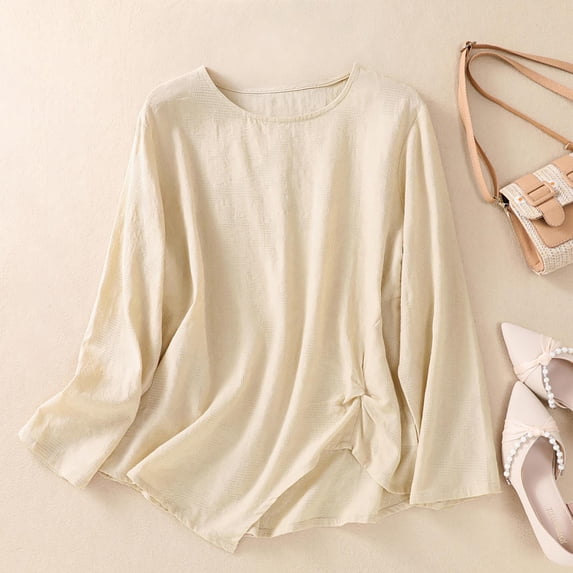 thefmos Women's Fall Winter Round Neck Long Sleeve Flowy Tops Casual Loose Fit Solid Basic Pullover Blouses Cute Trendy Tunic Shirts for Women Clothes, Beige M