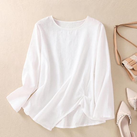 thefmos Women's Fall Winter Round Neck Long Sleeve Flowy Tops Casual Loose Fit Solid Basic Pullover Blouses Cute Trendy Tunic Shirts for Women Clothes, White 2XL