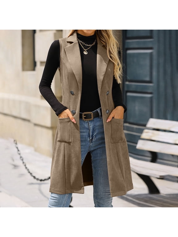 Women's Fall Winter Sleeveless Button Down Open Front Vest Cardigan Coat Casual Long Basic Layer Top, Brown L