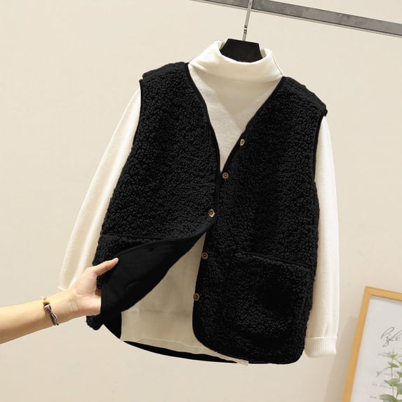 thefmos Women's Fall Winter Sleeveless Fleece Vest Button Down Casual Basic Solid Outerwear Jacket Warm Cozy Layering Clothes for Daily Wear, Black S