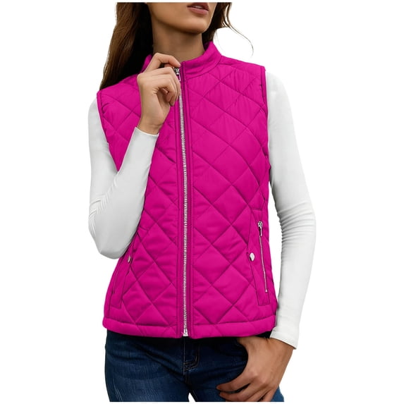 thefmos Women's Fall Winter Sleeveless Zipper Vest Coat Solid Casual Warm Outerwear Quilted Puffer Vest for Women Fashion Layering Piece Cold Weather, Hot Pink XL